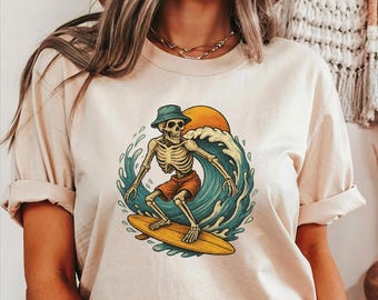 Skeleton Surfing T-Shirt: Retro Beach Graphic Tee