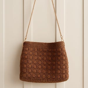 Handmade Crochet Shoulder Bag – Sophisticated Brown Purse with Golden Details