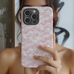 Pink Floral Case For iPhone 16 15 14 13 12 11 Pro Max MagSafe, Samsung Galaxy S25 S24 S23,Google Pixel 9 8 7 – Pink Toile de Jouy Phone Case