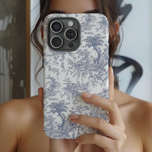 Blue Floral Case For iPhone 16 15 14 13 12 11 Pro Max MagSafe, Samsung Galaxy S25 S24 S23,Google Pixel 9 8 7 – Blue Toile de Jouy Phone Case