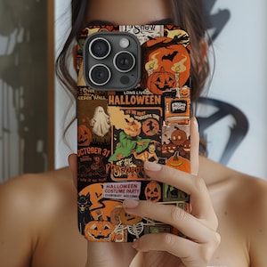 Halloween Phone Case, Ghosts, Pumpkins, Spooky Collage Horror Aesthetic iPhone 16 15 14 13 12 11 Pro Max MagSafe, Samsung Galaxy S25 S24 S23