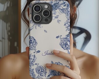 Funda para iPhone con diseño de toile azul: funda floral personalizada, opción MagSafe