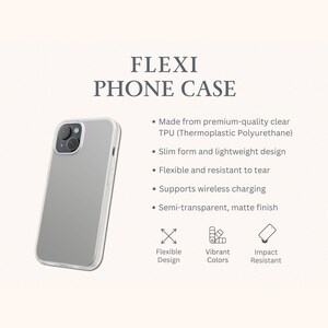 Może przedstawiać: Przezroczyste etui Flexi na telefon z matowym wykończeniem. Etui wykonane jest z TPU i ma smukłą, lekką konstrukcję. Cechy obejmują elastyczność, odporność na rozdarcie i obsługę ładowania bezprzewodowego. Tekst na zdjęciu to "Flexi Phone Case".