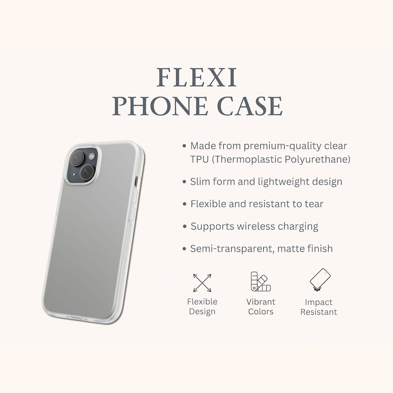 Może przedstawiać: Przezroczyste etui Flexi na telefon z matowym wykończeniem. Etui wykonane jest z TPU i ma smukłą, lekką konstrukcję. Cechy obejmują elastyczność, odporność na rozdarcie i obsługę ładowania bezprzewodowego. Tekst na zdjęciu to "Flexi Phone Case".