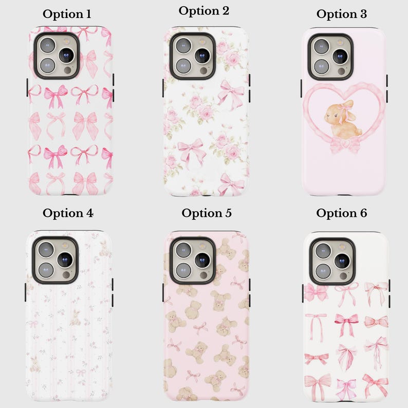 May include: A collection of six phone cases with various designs. Options include pink bows, floral patterns, a bunny in a heart, teddy bears, and more bows. Each case has a camera cutout and black side accents.