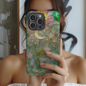 Himmlische Glasmalerei Print Mond und Sterne Handyhülle, iPhone 16 15 14 13 12 Pro Max MagSafe, Samsung Galaxy S25 S24 S23, Google Pixel 9 8 7