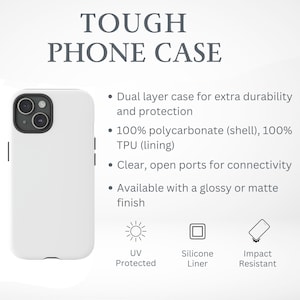 Może przedstawiać: Białe etui na telefon z napisem "TOUGH PHONE CASE". Etui ma dwuwarstwową konstrukcję zapewniającą dodatkową trwałość i ochronę. Posiada ochronę przed promieniowaniem UV, silikonową wkładkę i odporność na uderzenia.