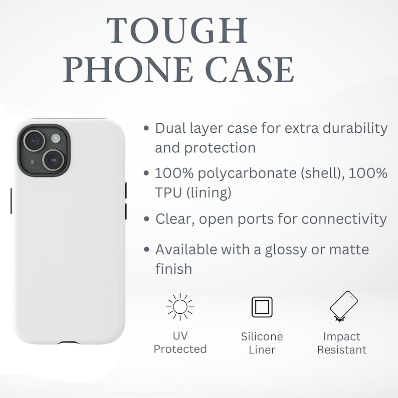 Może przedstawiać: Białe etui na telefon z napisem "TOUGH PHONE CASE". Etui ma dwuwarstwową konstrukcję zapewniającą dodatkową trwałość i ochronę. Posiada ochronę przed promieniowaniem UV, silikonową wkładkę i odporność na uderzenia.