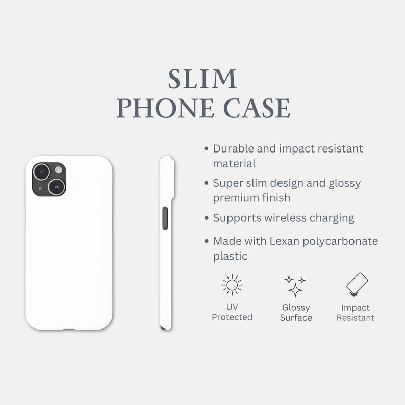 Może przedstawiać: Białe, smukłe etui na telefon z napisem "SLIM PHONE CASE". Etui jest pokazane z przodu i z boku, podkreślając jego cechy: trwały, odporny na uderzenia materiał, błyszczące wykończenie i obsługa ładowania bezprzewodowego.