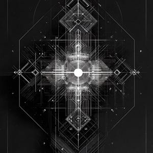 May include: Geometric digital art print in black and white. The artwork features a central white circle surrounded by intricate lines and geometric shapes, creating a complex, symmetrical design. The overall aesthetic is modern and abstract.