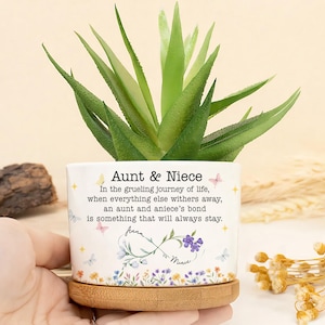 May include: A white ceramic planter with a green succulent plant. The planter has a wooden base and is decorated with floral and butterfly designs. Text on the planter reads "Aunt & Niece" and a sentimental message.