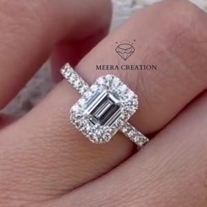 14K White Gold Emerald Cut Moissanite Halo Engagement Ring 1.50CT Simulated Diamond Ring Anniversary Gift Ring Promised Ring Wedding Ring