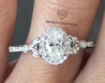 Art Deco Oval Moissanite Engagement Ring  Halo Milgrain Sterling Silver Ring Unique Cluster Wedding Ring Proposal Ring Vintage Inspired Ring