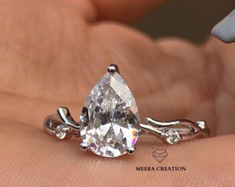 Pear Moissanite Nature Inspired Engagement Ring, Pear Solitaire Promise Ring for Her, Vintage Style Wedding Ring, Handmade Bridal Jewelry