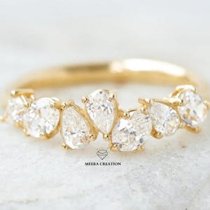 Asymmetrical Cluster Set Pear & Oval Cut Multi Stone Moissanite Wedding Band Women Moissanite Stacking Band For Her Gold Handmade Jewelry