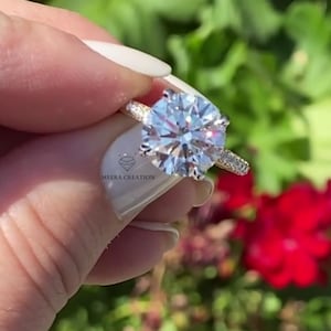 Rund Moissanitförlovningsring 14K massivt guld, rund solitärring för kvinnor, minimalistisk ring med 3 sidor, present till flickvän