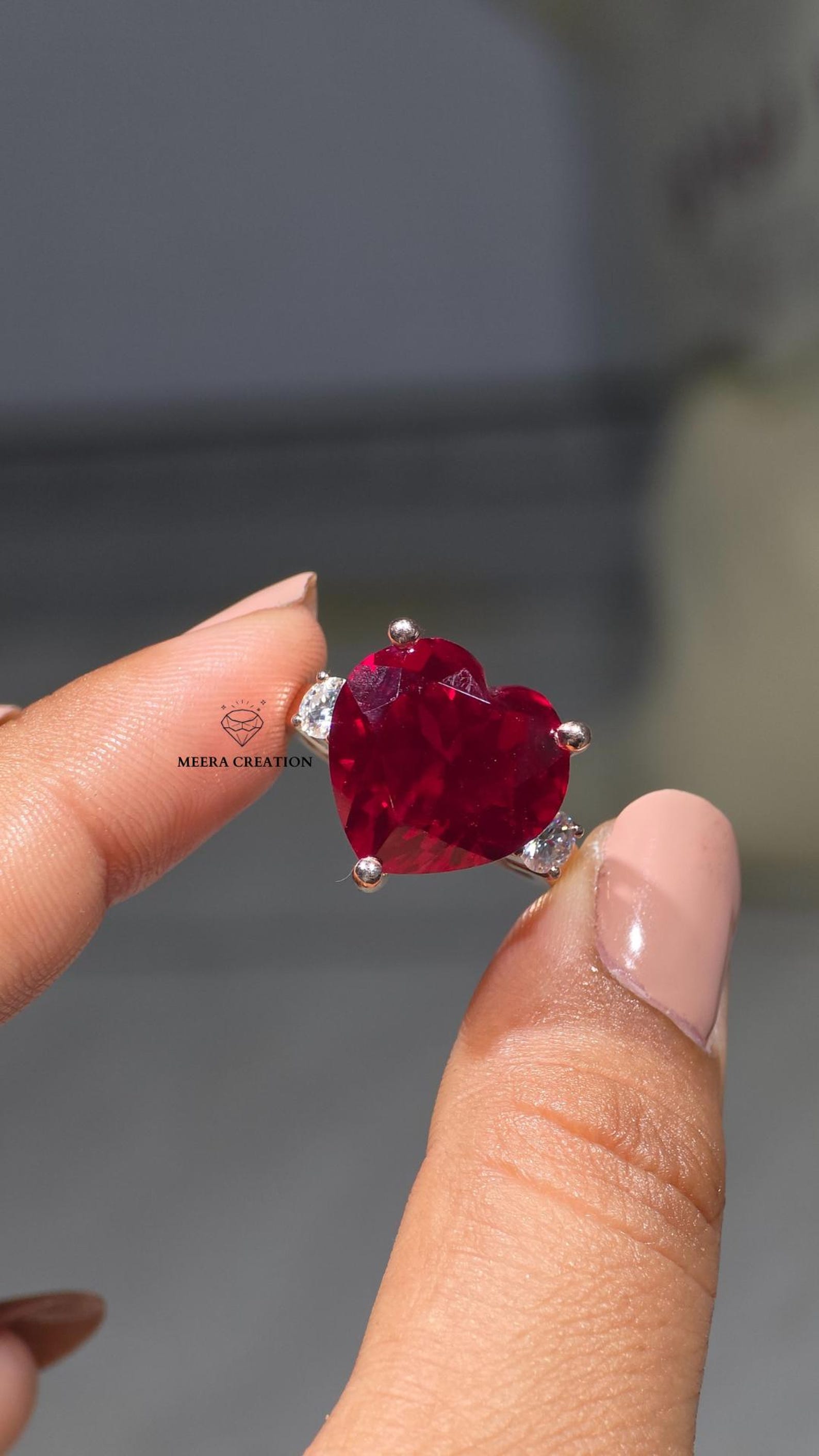 Heart Shaped Ruby Ring Three Stone Promise Engagement Ring 6CT Ruby ...