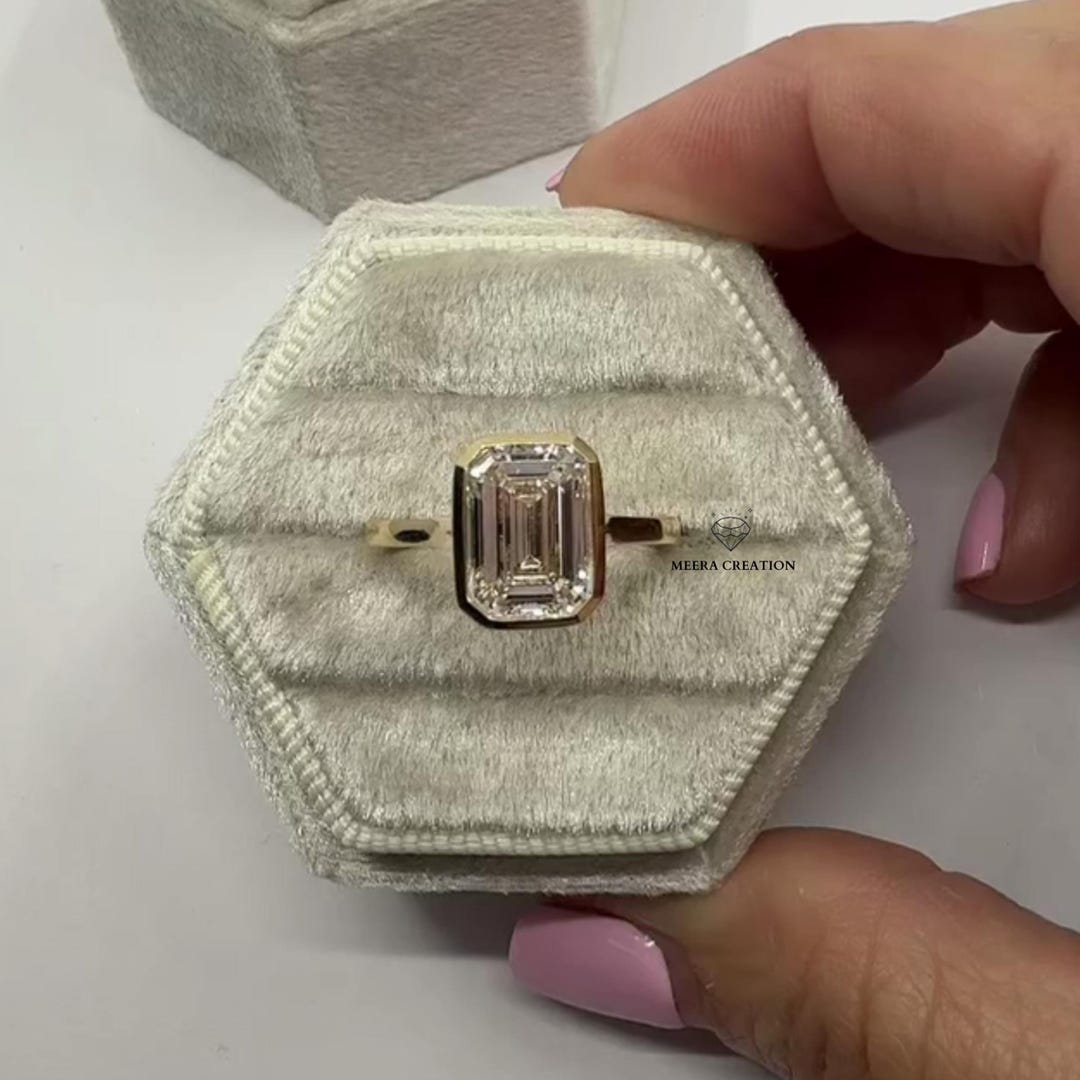 Handmade 14K Gold Bezel Set Emerald Cut Lab Grown Diamond Ring Full ...