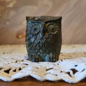 Vintage Solid Brass Owl with Patina | Mid Century Figurine | Boho Woodland Decor | Owl Paperweight | MCM Brass Animal Statue