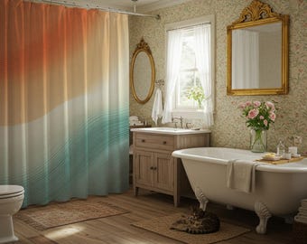 Contemporary Abstract Art Shower Curtain Orange Teal Gradient Waves Minimal Modern Bathroom Decor