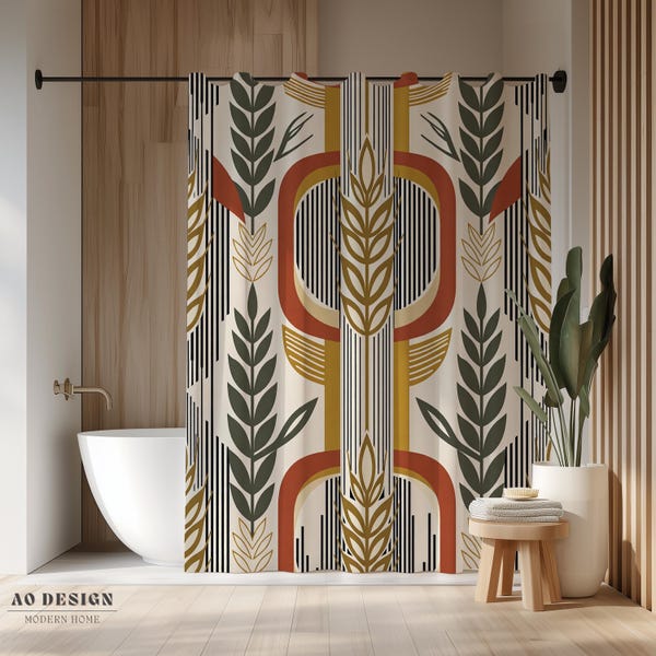 Tenda da doccia Mid Century Modern color grano, terracotta, arancione bruciato, verde salvia, decorazione geometrica per il bagno, tenda da bagno botanica retrò