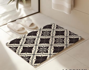 Black and Cream Star Bath Mat Geometric Floral Bathroom Rug Modern Farmhouse Home Decor Aesthetic Non-Slip Rug Scandi Style Bath Mat