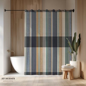 Blue Plaid Shower Curtain Modern Farmhouse Bathroom Decor Navy and Tan Tartan Bath Curtain Classic Rustic Stripe Men's Bath