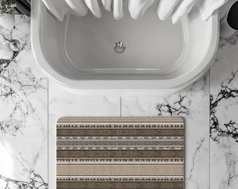 Tribal Pattern Bath Mat Earth Tone Geometric Bathroom Rug Boho Ethnic Style Home Decor Soft Non-Slip Bath Mat Modern Southwestern Rug