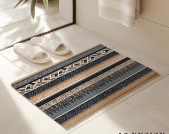 Alfombra de baño a rayas estilo suroeste, azul pizarra y ocre, alfombra tribal para baño, decoración del hogar Global Chic, alfombra antideslizante con estampado azteca, alfombra ecléctica de tonos tierra.