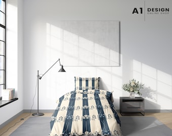 Bettwäsche-Set mit blauen Streifen und Blumenmuster, Queen-Size, King-Size, Twin-Size, Cottagecore-Stil, botanische Motive, moderner Landhausstil, ästhetische Schlafzimmerdekoration