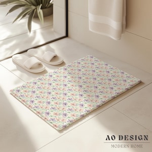 Wildflower Meadow Bath Mat Colorful Floral Bathroom Rug Pastel Purple and Peach Home Decor Whimsical Spring Floor Mat Cottagecore