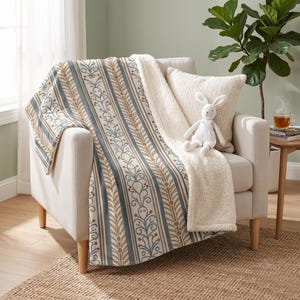 Manta de forro polar Sherpa con estampado floral folclórico vintage, manta acogedora a rayas azules, decoración estética cottagecore, manta cálida y suave, regalo