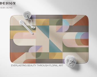 Bauhaus Geometric Bath Mat Colorful Abstract Bathroom Rug Mid Century Modern Sage Mustard Decor Soft Pastel Geometric Artistic Non-Slip Mat