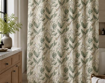 Green Botanical Shower Curtain Leaf Pattern Neutral Floral Modern Bathroom Decor Watercolor Art