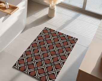 Alfombra de baño geométrica de terracota, alfombra de baño moderna de mediados de siglo, decoración de celosía en negro y crema, alfombra terrosa marrón rojiza, alfombra de spa boho chic