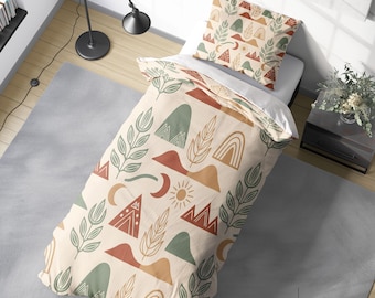 Copripiumino astratto boho, biancheria da letto verde terracotta, copripiumino stile metà secolo, sole e luna celestiali, arredamento minimalista per la camera da letto botanica