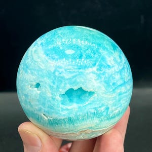 Blue Aragonite Sphere: Natural Hole Crystal Display, 380 gram
