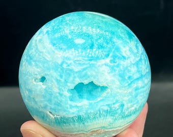 Blue Aragonite Sphere: Natural Hole Crystal Display, 380 gram