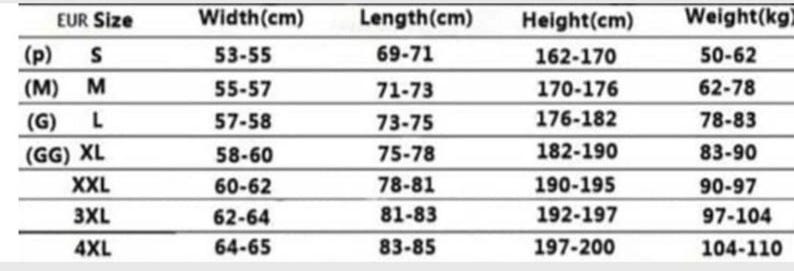 May include: A size chart with measurements in centimeters and kilograms. The chart lists EUR sizes from S to 4XL, with corresponding width, length, height, and weight ranges. The height ranges from 162cm to 200cm, and the weight ranges from 50kg to 110kg.
