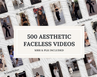 Könnte beinhalten: Ein Bild mit mehreren Smartphone-Bildschirmen, die Modevideos zeigen. Der zentrale Text lautet "500 AESTHETIC FACELESS VIDEOS" mit "MRR & PLR INCLUDED" darunter. Die Bildschirme zeigen verschiedene Outfits.