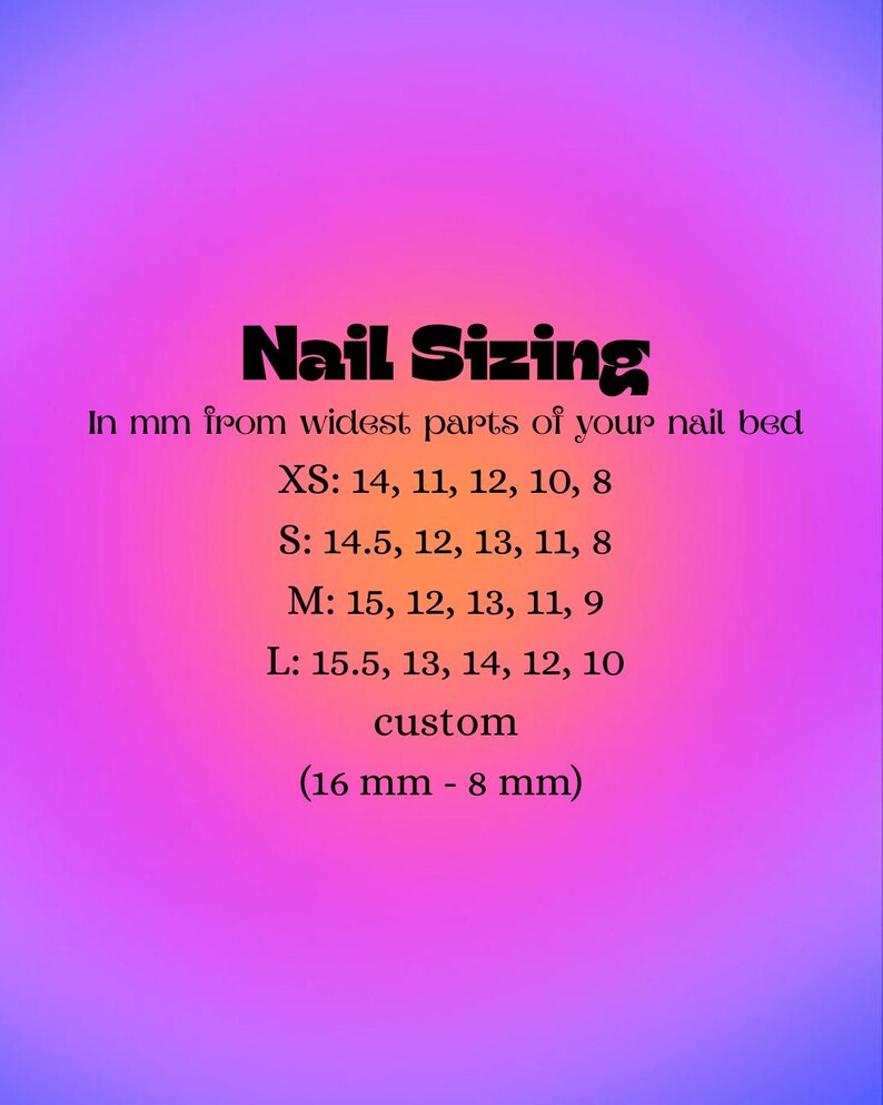 K&ouml;nnte beinhalten: Ein farbenfroher Hintergrund in Rosa, Lila und Orange mit dem Text "Nail Sizing" in fetter schwarzer Schrift. Gr&ouml;&szlig;enangaben f&uuml;r N&auml;gel in Millimetern f&uuml;r XS, S, M, L und Sondergr&ouml;&szlig;en, von 8 mm bis 16 mm.