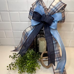 Blue Plaid Rustic Farmhouse Bow For Wreath, Lanterns, and Decor
