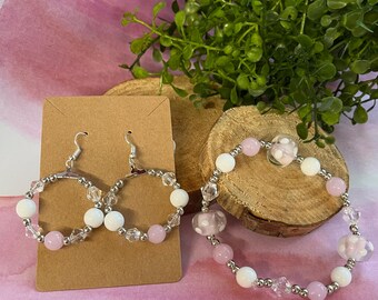 Pink Beaded Jewelry Set: Glass Bead Bracelet & Dangle Earrings