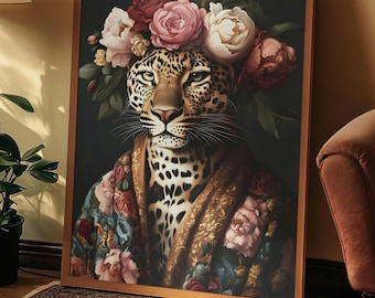 Leopard Wall Art Print, Floral Leopard Poster, Jungle Animal Artwork, Boho Wildlife Decor, A3 & A4