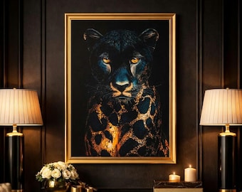 Black Panther Wall Art – Gold Black Wildlife Poster, Modern Jungle Decor Gift (A3 A4 A5)