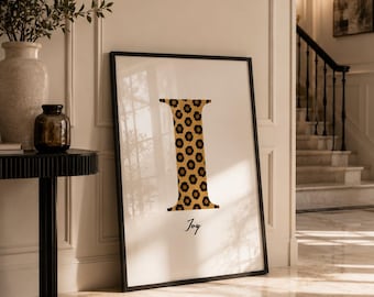 Luxury Leopard Print Letter I Wall Art, Neutral Animal Print Monogram Poster, Personalised Initial Print, Beige Black Decor A3 A4 A5