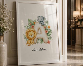 Personalised Jungle Animal Letters A-Z Print | Boy/Girl Safari Nursery Wall Art | Neutral Baby Name Print | Nuetral Nursery Decor A3, A4, A5