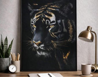 Black Gold Tiger Wall Art Print, Luxury Wildlife Poster, Dramatic Modern Animal Decor, Statement Home Art, A3 A4 A5 Gift
