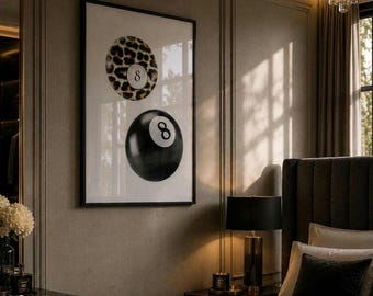 Leopard Print 8 Ball Wall Art Print | Luxury Games Room Decor | Black Neutral Poster | Modern Bedroom Wall Art | Luxury Wall Decor
