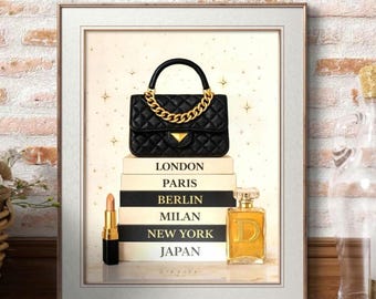 Designer Fashion Print – Quilted Handbag, Perfume, Lipstick Glam Decor (A3 A4 A5)